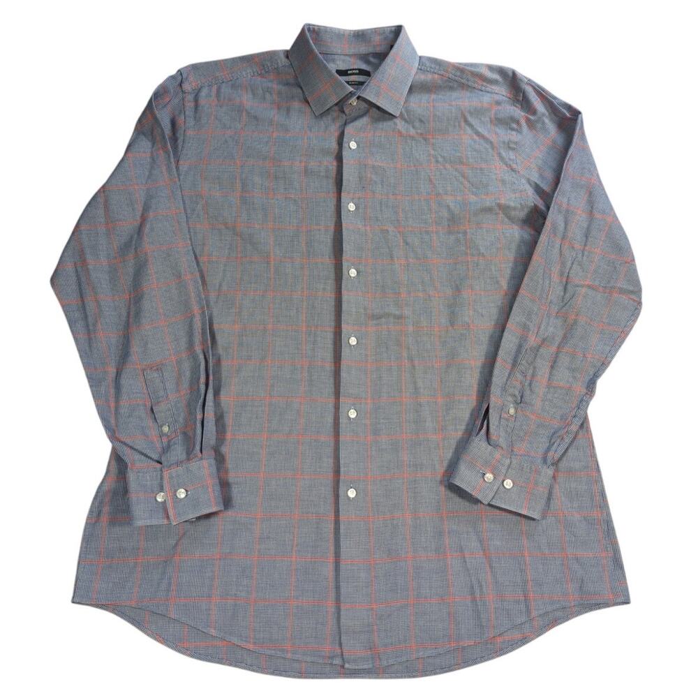 Hugo Boss Slim Fit Dress Shirt Blue Red Check Long Sleeve Mens Size 17 43
